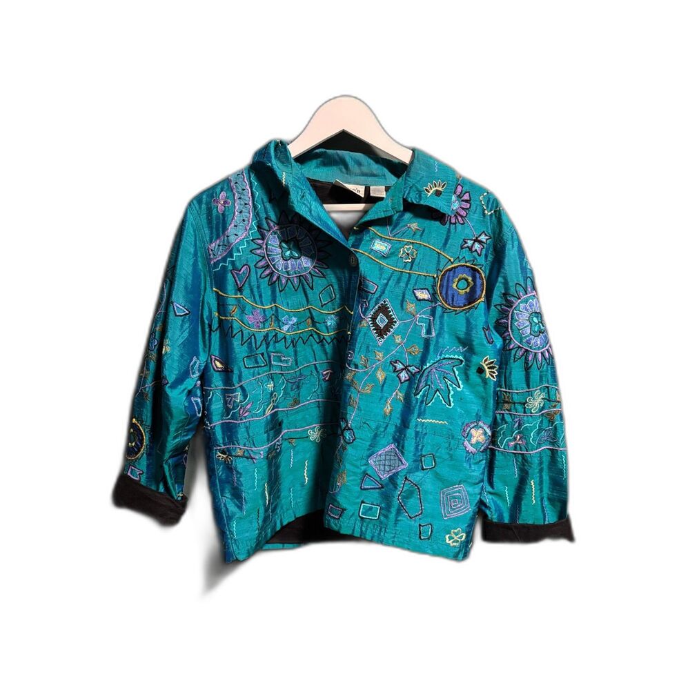 Vintage Chico's Jacket Womens Size 1 Medium Turquoise Embroidered Silk